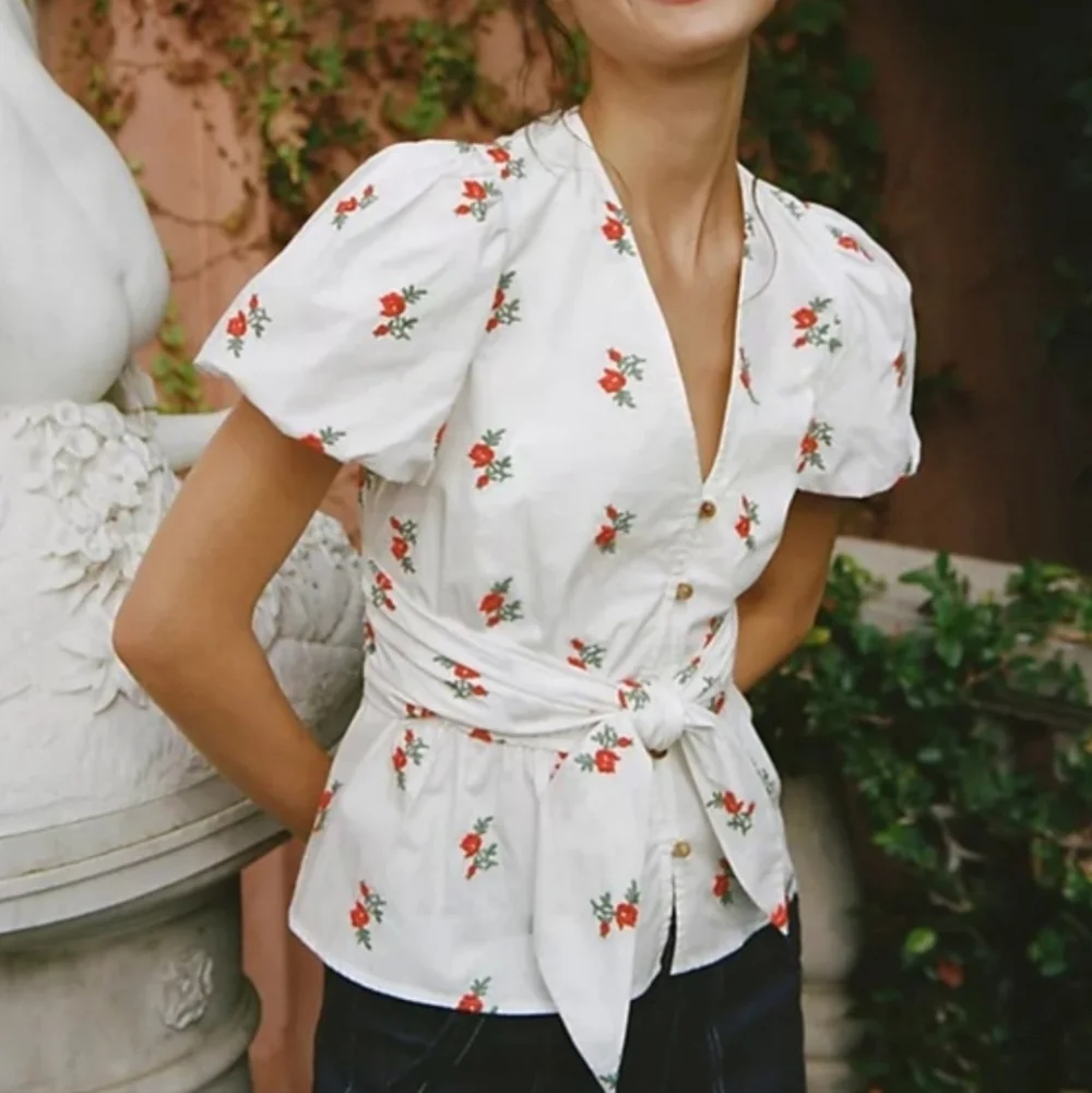 Anthtopologie Maeve Rosalie Embroidered Blouse White Poplin Cotton
